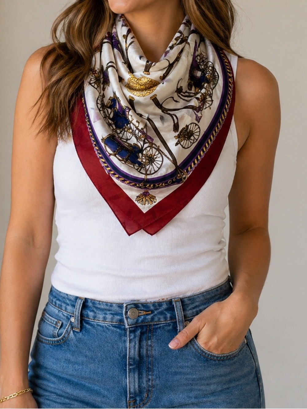 🌸 Carriage & Whip Print Scarf in Red, Purple, Gold & White